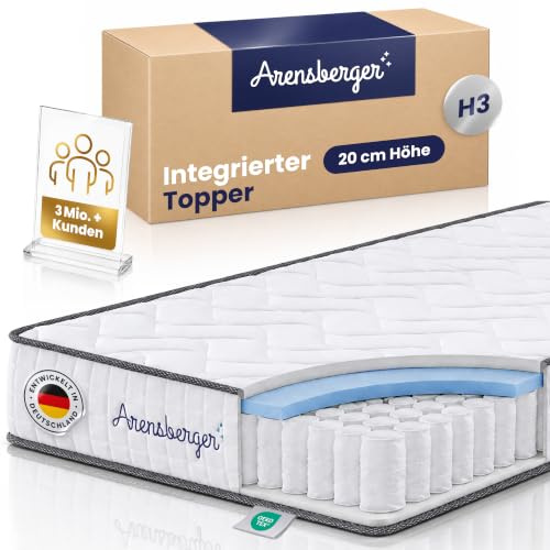 Arensberger Jana Matratze 100x200cm | 20cm, 7-Zonen H3, Taschenfederkern | Taschenfederkernmatratze mit 2cm NANOCELL Gelschaum, 7-Zonen, punktelastisch, Rollmatratze, Öko-Tex, H3, atmungsaktiv