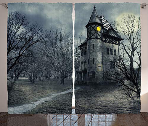 ABAKUHAUS Halloween Rustikaler Vorhang, Gothic Geisterhaus, Wohnzimmer Universalband Gardinen mit Schlaufen und Haken, 280 x 260 cm, Teal