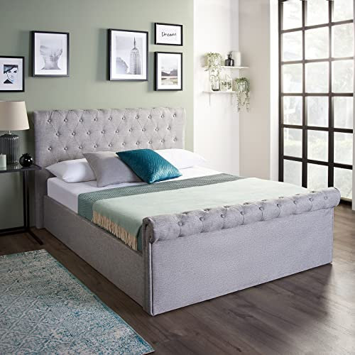 Home Treats Side Lift Ottoman Bed | Double Bed Frame 4FT6 I Under Bed Storage Sleigh Bed I Deluxe Padded Upholstery Grey