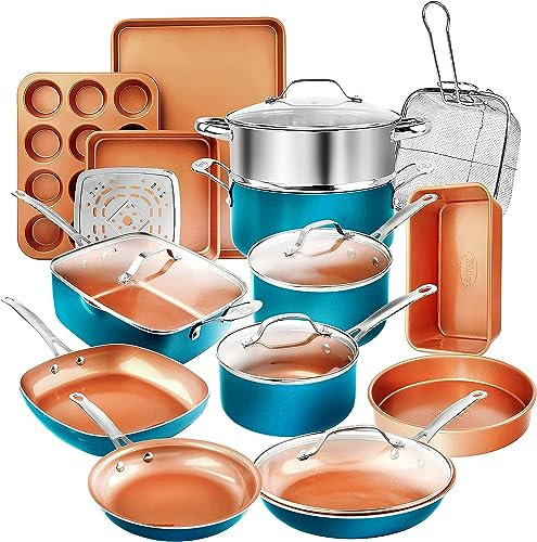 GOTHAM STEEL - Juego de utensilios de cocina y utensilios para hornear con revestimiento de cobre cerámico antiadherente y duradero, 20 piezas, turquesa