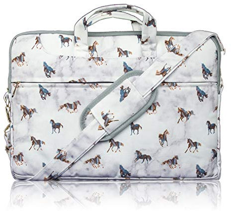 TaylorHe 13-14 inch Poly Canvas Laptop/Chromebook/MacBook Shoulder Bag with Patterns, Side Pockets Handles and Detachable Strap Horses