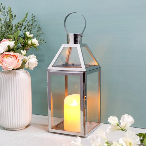 JHY DESIGN Kerzen Laternen, Glas Laternen 34cm Hohe Edelstahl Kerze Windlicht Hängender Kerzenständerr mit Metallring Oben, Deko Kerzenhalter für Wohnzimmer Garten Balkon Innen Indoor Draußen(Silber)