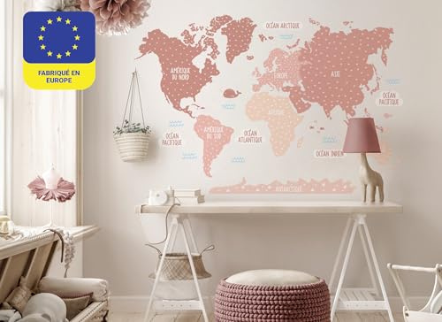 osomhome - Wandtattoo Weltkarte Kinder - *Deutsch* [120x80cm] Pastellfarben Rosa | Wandtattoo Kinderzimmer Junge & Mädchen, Wandsticker Kinderzimmer Jungen | World Map Wall Decoration | os5001