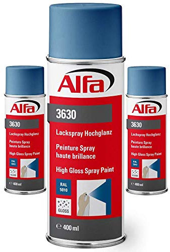 Alfa Sprühlack für innen und außen - Lackieren und Dekorieren, hohe Deckkraft Farbspray, Sprühdose, Made in Germany (3 x 400 ml Hochglanz, RAL 5010 Enzianblau)