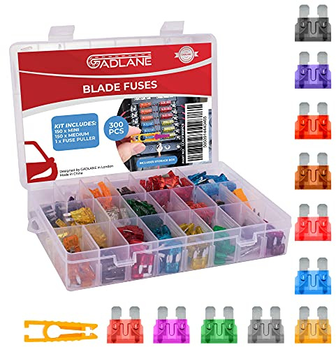 GADLANE Car Fuses Assorted Kit - 300 PCS | Mini & Medium Blade Fuses Replacements, 2A to 40A, Includes Car Fuse Puller and Car Storage Box