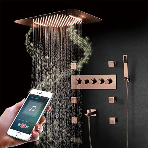 LED Music Shower System with Full Body Spray Jet, Rose Gold Waterfall Rainfall Shower Head with Hand Shower, Bathtub Faucet, Thermostatic Valve