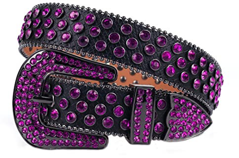 Sanykongy Western Cowgirl Strass Bling Gürtel Strap Mode Frauen Bunter Nietengürtel Black Purple 38 inch