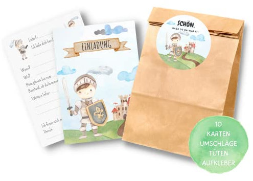 Essi's Stoff Boutique 10er-Set Ritter Einladungskarten und Mitgebseltüten - Ritter Kindergeburtstag Set mit Goodie Bag