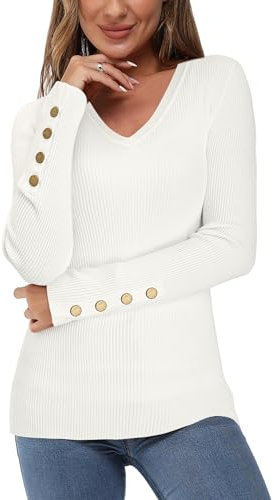 Newshows Women's Jumpers for Women UK Long Sleeve Tops V Neck Ladies Fit Knitted Sweater Warm Pullover Off White