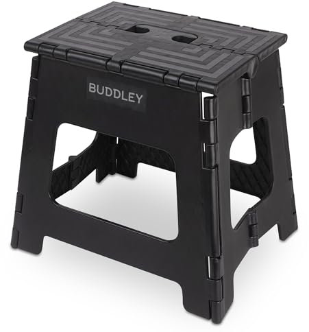 BUDDLEY Tritthocker klappbar – 32 cm hoher Tritt mit Anti-Rutsch-Design - Tragfähigkeit bis 99 kg - ideal für Küche, Bad, Garage & Camping (Schwarz/XL)