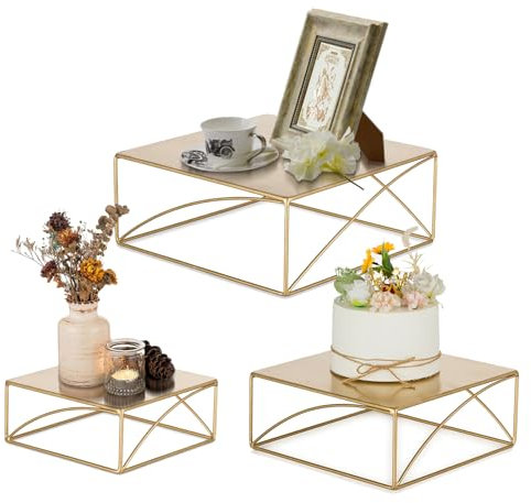 NUPTIO Cake Stand Cupcake Display: Set of 3 Wedding Afternoon Tea Stands Gold Cup Cakes Square Metal Pedestal Vintage for Birthday Party Christmas Baby Shower Halloween Decoration
