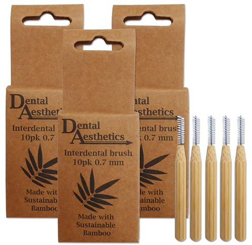 Dental Aesthetics Brossettes interdentaires en bambou, 3 paquets ~ 10 brosses par paquet (0,7 mm) TBI-3