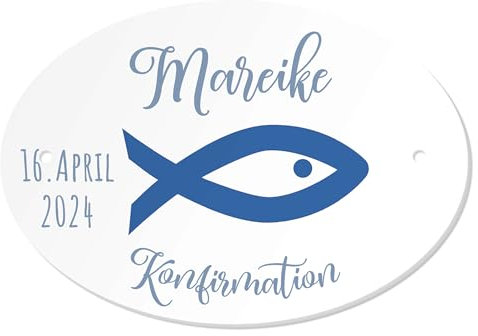 Personalisiertes Namenschild zur Konfirmation Fisch blau Türkranz Deko Eingng Mädchen Junge