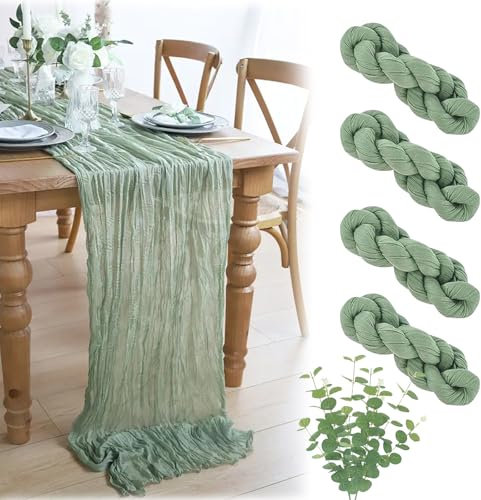 Jeinbuil Tischläufer Eukalyptus Grün 4 Stück, mit 9 Eukalyptuszweig Deko Käsetuch Cheesecloth Musselin Salbeigrün Tischläufer Boho 90x300 cm Lang Hochzeit Geburtstag Tischdeko