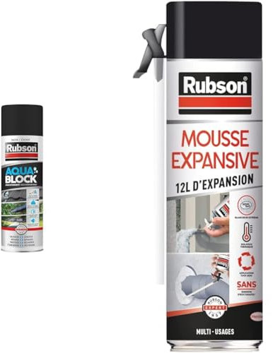 Rubson Aquablock Revêtement d'Étanchéité en Spray Noir 300 ml, spray d'étanchéité & Mousse Expansive Multi-Usages (aérosol de 300 ml) Blanche – Mousse polyuréthane