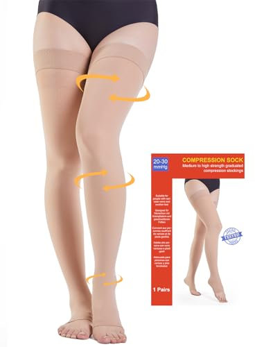 20-30 mmHg Medizinische Kompressionsstrümpfe Damen & Herren Klasse 2, Offene Zehe Lang Stützstrümpfe Thrombosestrümpfe mit Silikonband für Krampfadern Ödeme Flug (Beige, XL)