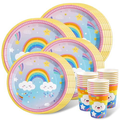 Kaseryao Regenbogen Deko Kindergeburtstag, Regenbogen Partygeschirr Pappgeschirr Set für 20 Gäste, Pappbecher, Pappteller Geburtstag, Tischdeko Geburtstag (Rosa)