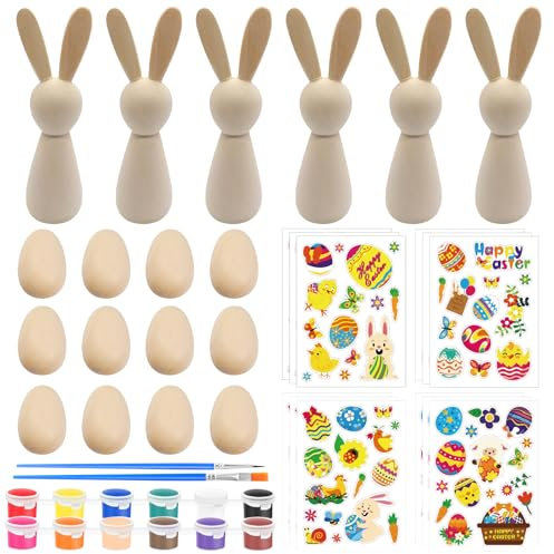 ARONRAVE Ostereier Zum Bemalen, 12 Stück Ostereier Holz+6 Stück Osterhase Holz zum Bemale Eggs Holz Ostern zum Basteln Ostern Basteln Kinder für Ostern Geschenke Kinder