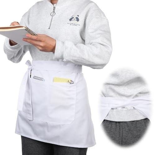 Ouligay Weiße Taillenschürze für Damen Herren Weiß Taille Schürze mit 2 Tasche Verstellbare Kurz Kellnerschürze Halbe Kochschürze Unisex Vorbinder Schürze Weiße Servierschürze Kittelschürze