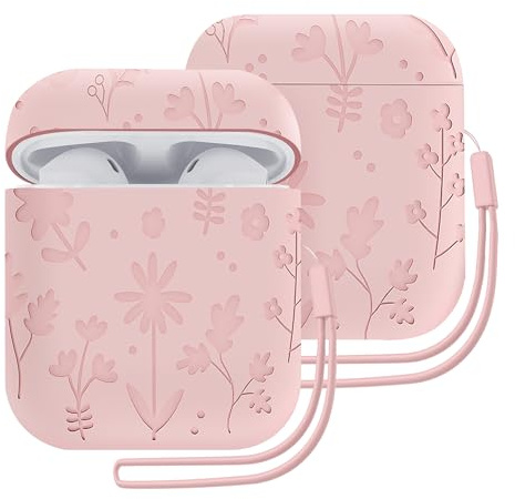 ECZOIL Flower Engraved Case Compatible with AirPods 2nd/1st Generation,Soft Silicone Protective Case with Silicone Lanyard for AirPods 2&1-Pink