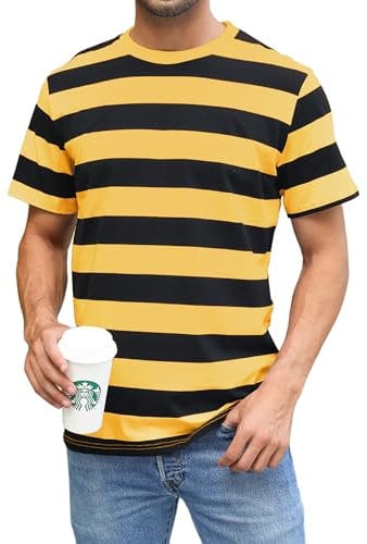 Sykooria Round Neck Wide Striped T-Shirt Black&Yellow Bold Stripes Casual Short Sleeve Tops for Men, Black/Yellow Bold Stripes L