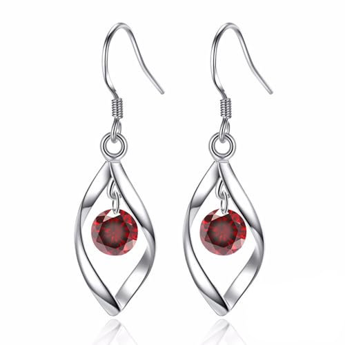 Zolkamery Drop Earrings for Women, 925 Sterling Silver Drop Earrings with Red 5A Zirconia, Teardrop Twist Dangly Earring, White Gold Hook Dangle Hanging Earrings, Gifts for Ladies Birthday mit Box