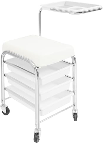 Chariot de manucure et pédicure, chariot à cosmétiques, rangement à trois niveaux avec 4 roues, plateau à outils, chariot de salon réglable en hauteur pour usage domestique, salon de beauté (blanc)