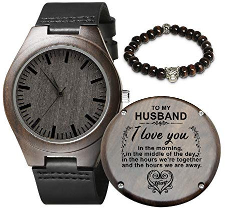 Personalisierte Gravierte Holz-Uhren für Herren, natürliches schwarzes Echtleder-Holz, analoge Armbanduhr mit Gravur Ihrer Worte für Ehemann, Sohn, personalisierbare Holz-Armbanduhr zum Geburtstag, Ja