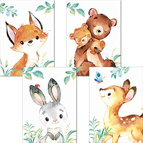 LALELU-Prints Waldtiere Bilder Kinderzimmer Poster Babyzimmer Deko Mädchen Jungen Kinderbilder Set Kinderzimmerbilder (4er Set)
