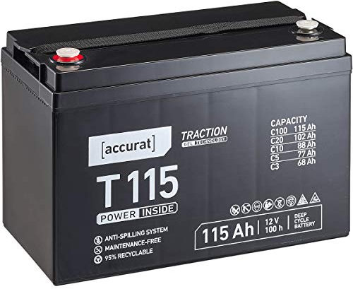 Accurat Traction T115 Pro VRLA Bleibatterie - 12V, 115Ah, +30% Startleistung, wartungsfreie, zyklenfest- Gel Batterie, USV Batterie, Versorgungsbatterie, Solarbatterie, Bleiakku für Camping, Wohnwagen