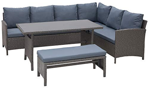 Outsunny Conjunto 4 Piezas Muebles de Ratán Espacio Amplio con Cojines Acolchados para Jardín o Terraza Patio 2 Sofá 1 Mesa 1 Banco de Exterior Tubo de Hierro Vidrio Templado Gris