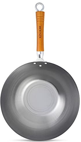 Ken Hom KH332003 Wok Traditionnel Acier au Carbone | 32cm | Classic | Léger avec revêtement anti-adhésif double couche et manche en bois | Ne passe pas au lave-vaisselle | Garantie de 2 ans