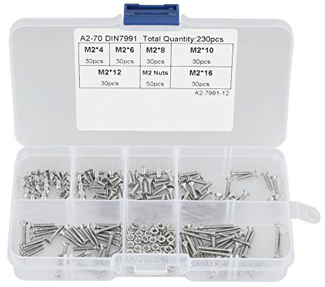 Viti a testa piatta M2, 230 pezzi M2 * 4/6/8/10/12/16 kit acciaio inossidabile 304 di assortimento di elementi di fissaggio con dado a vite a testa piatta in acciaio inossidabile
