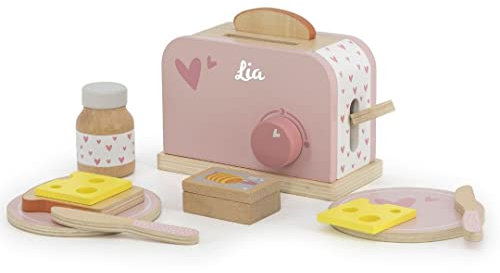 Kinderküche Toaster inkl. Zubehör rosa - personalisierbar I Handmade Holzspielzeug ab 3 Jahren I Label-Label Küchenzubehör I Geburtstagsgeschenk für Kinder I Spielzeug mit Name