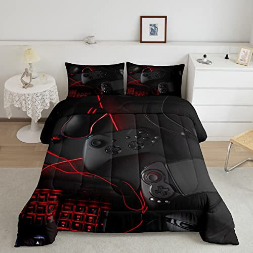 Feelyou Gamer Comforter Set for Boys Teens Kids Game Headphones Keyboard Mouse Gamepad Duvet Cover Twin Size Black Red Gaming Bedding Set Game Peripherals Decor Quilted Duvet Set with 1 Pillow Sham