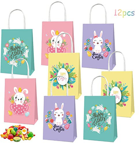 12 Stück Ostertüten Zum Befüllen,Geschenktüten Ostern mit Henkel,Geschenktaschen,Candy Tüten,Ostertüten,Osterhase Papiertragetaschen,Ostergeschenke für Kinder