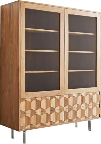 DELIFE Glasschrank Fevo Akazie Natur 115x150 cm L-Fuß Vitrine