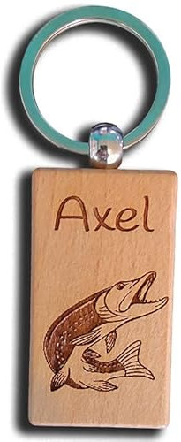 patrickgravure Porte- clés bois exotique gravé personnalisé + pêche poisson brochet carnassier +prénom au choix, Marron, 55X30mm