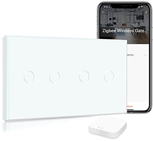 BSEED Smart ZigBee - Interruptor de luz de pared doble con WiFi, compatible con Alexa, 2 vías de 1 vía, cristal compatible con Tuya y Google (requiere ZigBee, no neutro), color blanco