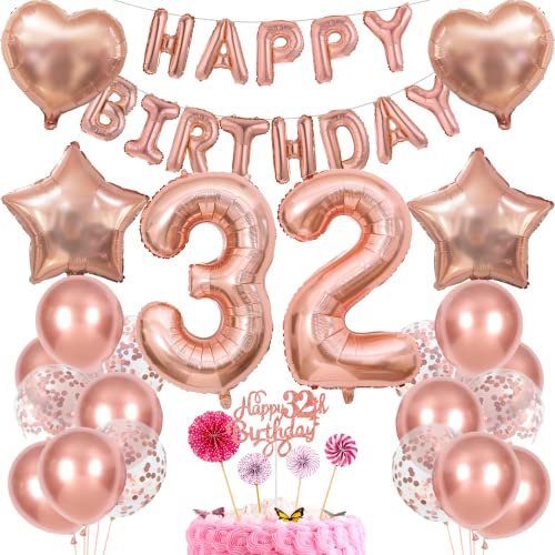 Rose Gold 32nd Birthday Women Decoration Gift - Balloon, Cake Decoration for 32 Years Woman