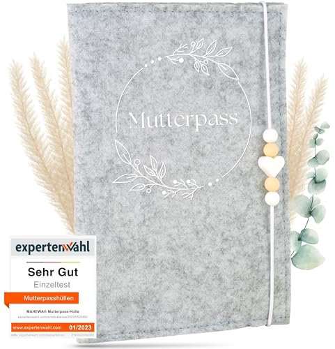 MAHEWA® Premium Mutterpass-Hülle aus Filz für den deutschen Mutterpass - mit Fach für Ultraschallbilder und Kärtchen - Mutterpass Schutzhülle (Mutterpass Design 2, Hellgrau)