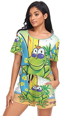 YOUJUNER Schlafanzug Damen Kurz Sommer-Brandungs-Skateboard-Frosch Pyjama Set Sommer Kurzarm Pyjamaset Nachtwäsche Zweiteiliger Hausanzug Sleepwear Loungewear