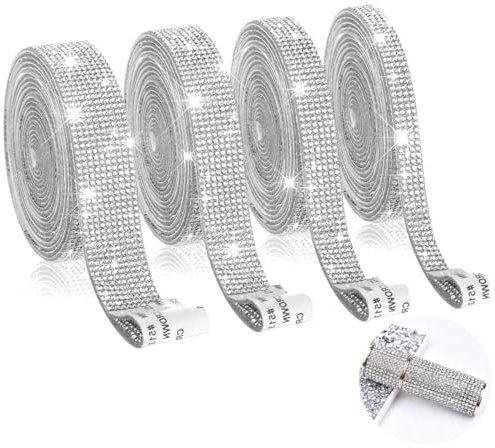 4 Rollen Strassband Selbstklebend 4 Größen Diamantband, Glitzerband Silber, Strasssteine Band, Kristall Strassband Glitzersteine, DIY Dekoration Bling Aufkleber, Kristallband für Dekoration