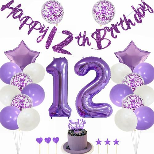 Kiwochy Lila 12. Geburtstag Deko für Mädchen - Tortendeko, Luftballons, Nummer 12 Folienballon, Party Dekoration für 12 Jahre
