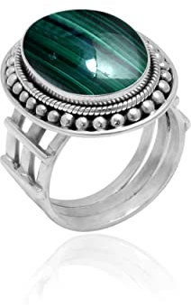 Veracity Jewelry 925 Sterling Silver Gemstone Statement Rings – Gift For Birthday Wedding Anniversary Mother's Day Ring – Vintage Boho Style Handmade Gifts (Malachite)