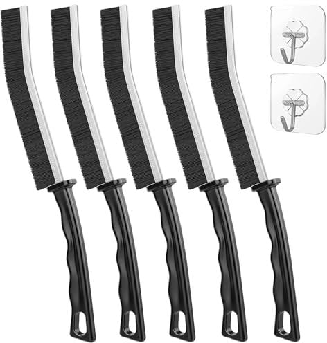 TOFYO Hard Bristle Crevice Cleaning Brush UK 5Pack and 2Hooks Premium Quality with 15° Support Magicbrush Window Track Cleaner Thin Brushes for awkward places around Bathroom Tiles Kitchen Floor