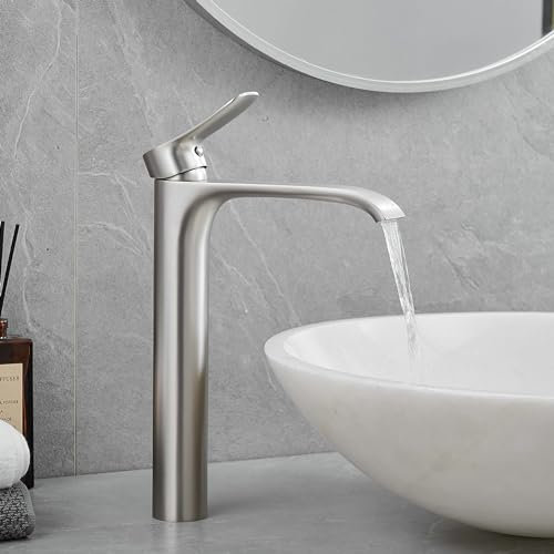 Bad Wasserhahn Wasserfall Badarmatur Hoch Waschtischarmatur Einhebel Mischbatterie, Silber (Gebürstetes Nickel)