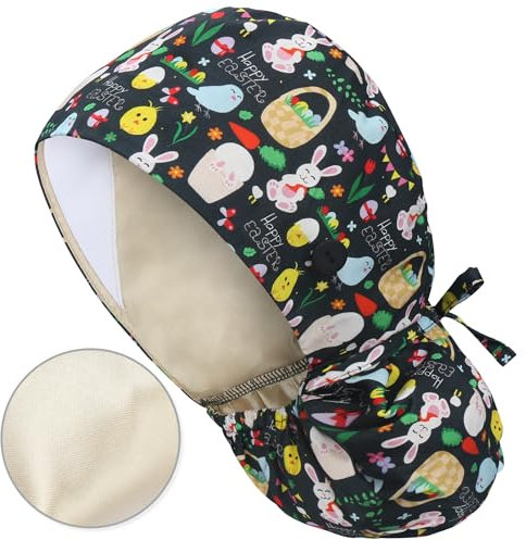 QBA Verstellbare Arbeitskappe mit Knopf, mit Satin gefütterte Baumwolle, Arbeitsmütze, Schweißband, elastische Bandage, Raffhalter, Mützen, Einheitsgröße, #Satin gefütterter Osterzoo, Einheitsgr��e