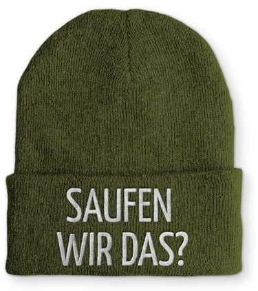tshirtladen Saufen wir das? Spruchmütze Strickmütze Wintermütze lustige Beanie mit Stick OneSize Mütze, Farbe: Olive