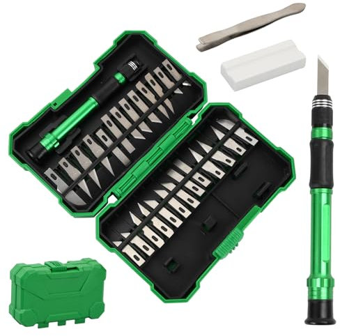 Wiseom 29 Pezzi Coltelli di Precisione, Coltello a Bisturi Premium Set Coltello da Intaglio Artistici Coltelli di Precisione Per Hobby Taglierino di Precisione per Scultura Mestiere Fai da Te(Verde)